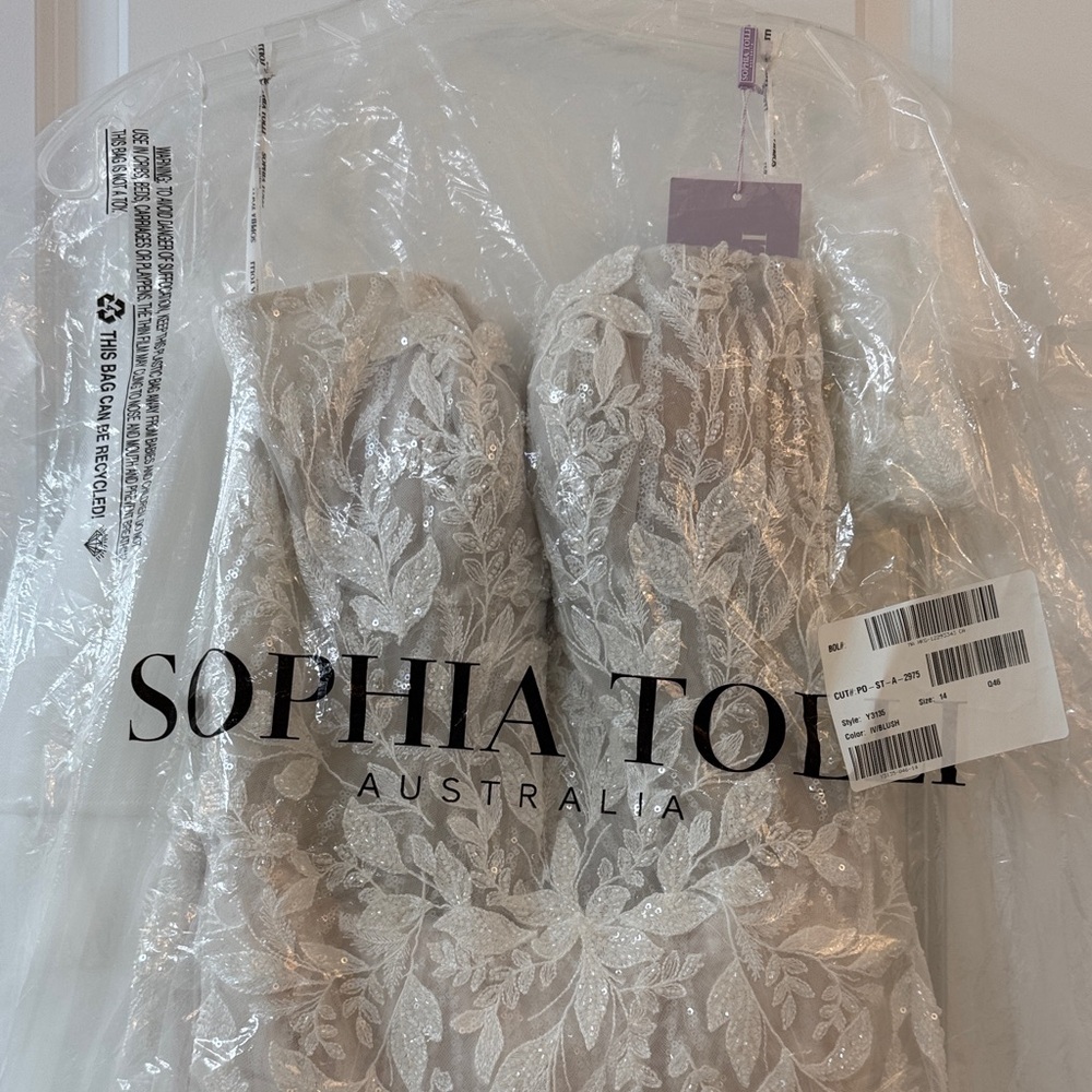 BNWT Ivory/Blush Ethereal Off-Shoulder Wedding Dress w Beaded Semi-Sheer Bodice - Picture 5 of 12